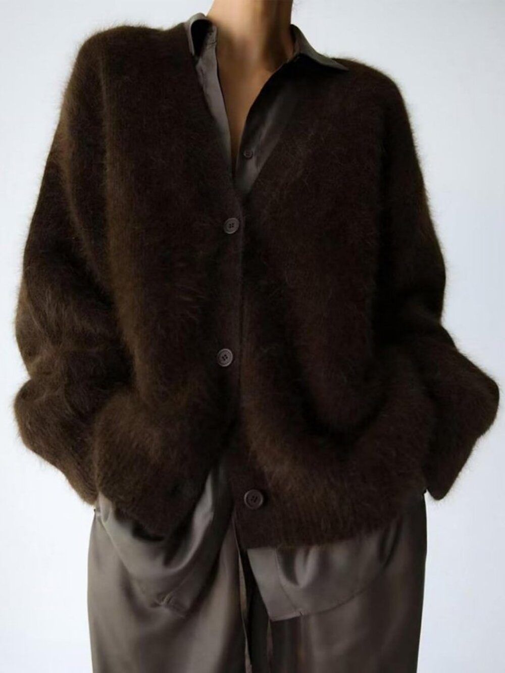 Cozy Fuzzy Cardigan Sweater | V-Neck, Long Sleeve, Button Down, Slouchy Knit - Picture 2 of 6